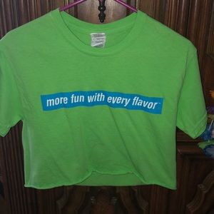 A cropped Burnett’s liquor shirt